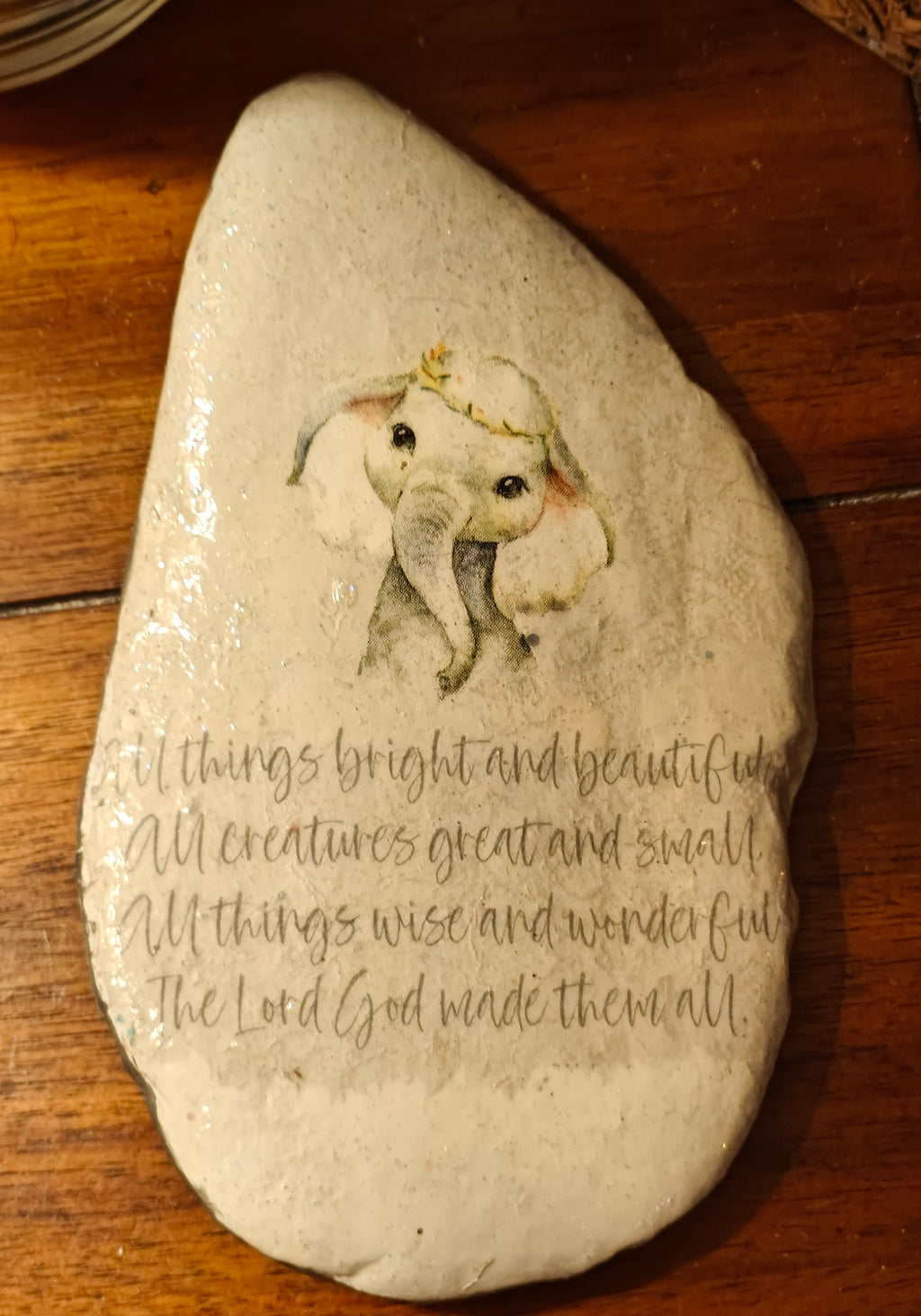 Cute baby elephant featuring, All things bright and beautiful, All creatures great and small, All things wise and wonderful, The Lord God made them all.