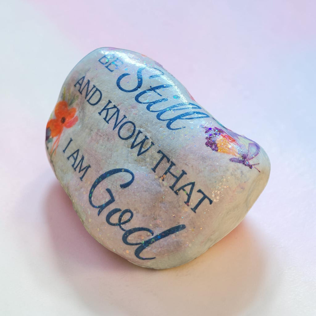 "Be Still & Know" Hand-Decoupaged Butterfly & Floral Stone