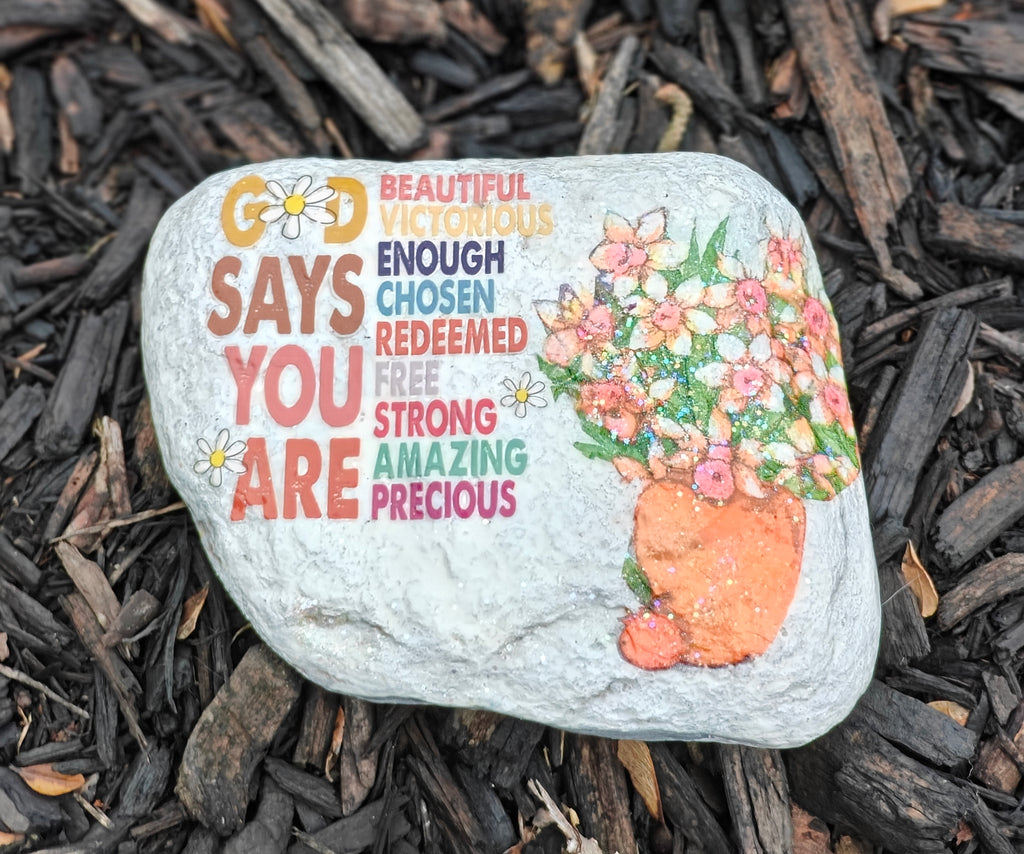 God Says You Are..." Affirmation Garden Stone – Floral Decorative Stepping Stone