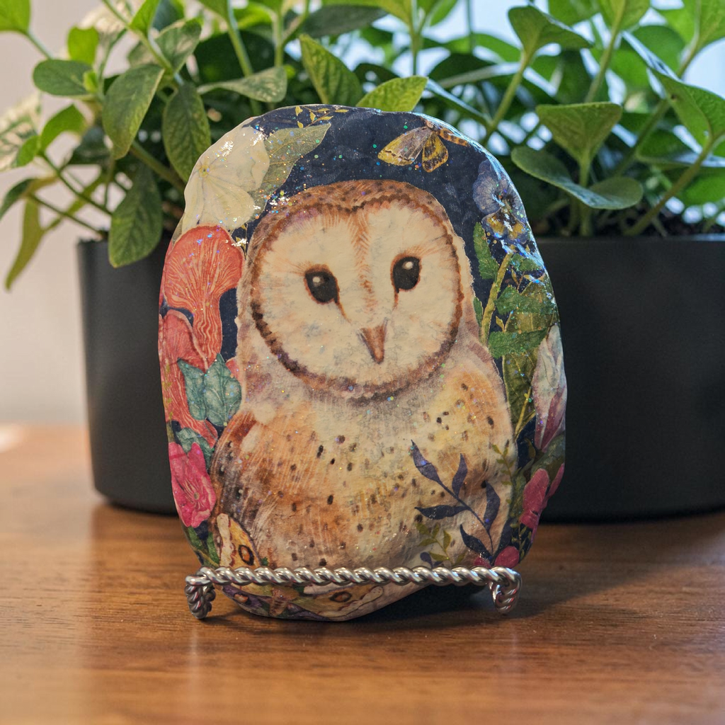 "Cast Your Cares" Prayer Stone | Owl & Floral Garden Illustration
