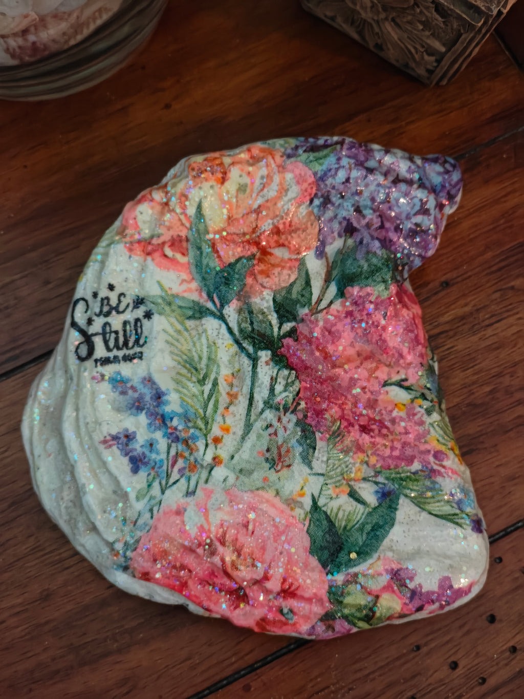 Be Still" Medium Natural Shell – Bright Floral Christian Art – Hand-Decorated Scripture Keepsake