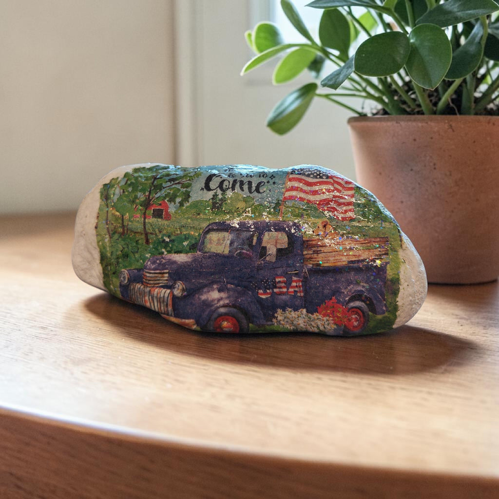 "The Best is Yet to Come" Patriotic Blue Truck Natural River Stone Art