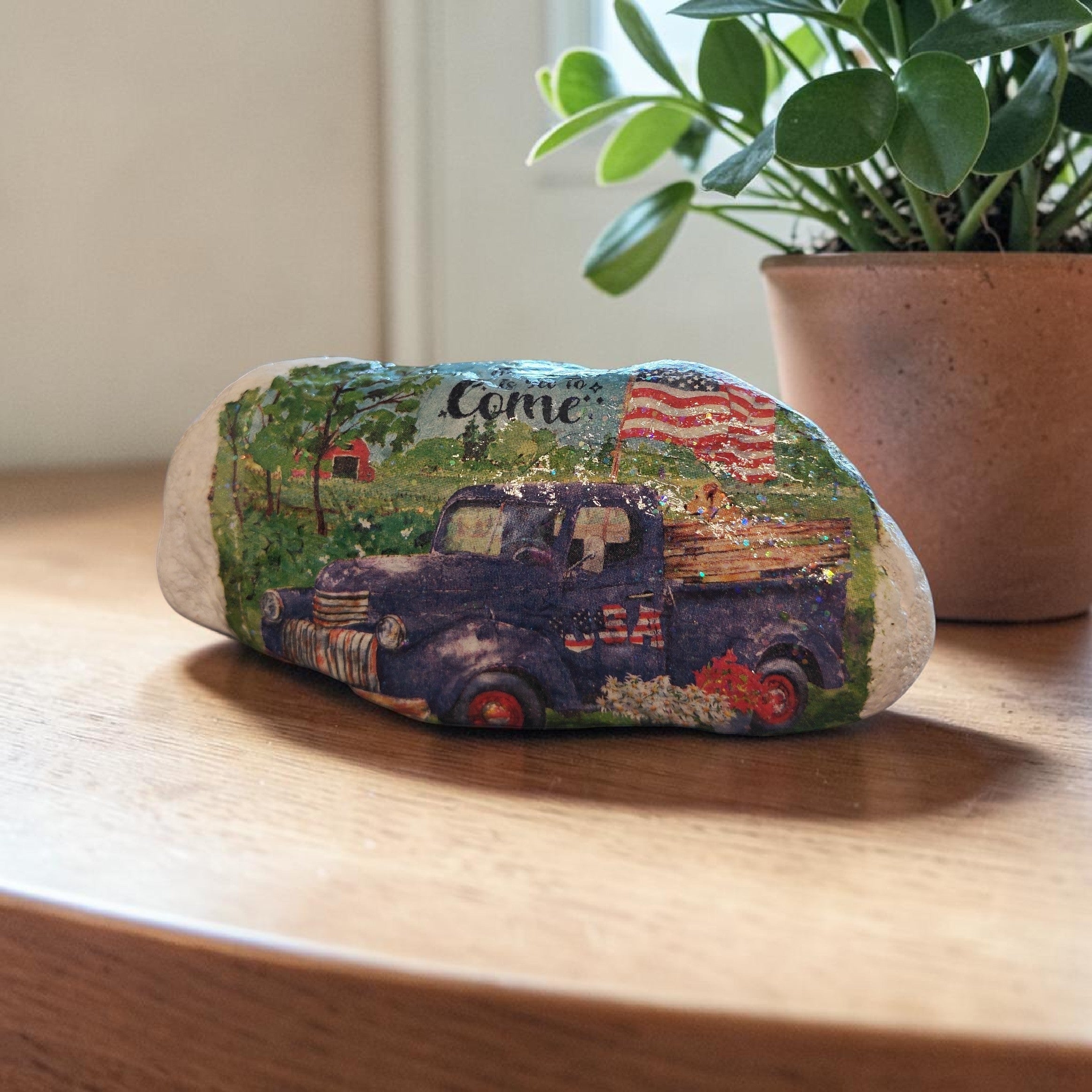 "The Best is Yet to Come" Patriotic Blue Truck Natural River Stone Art