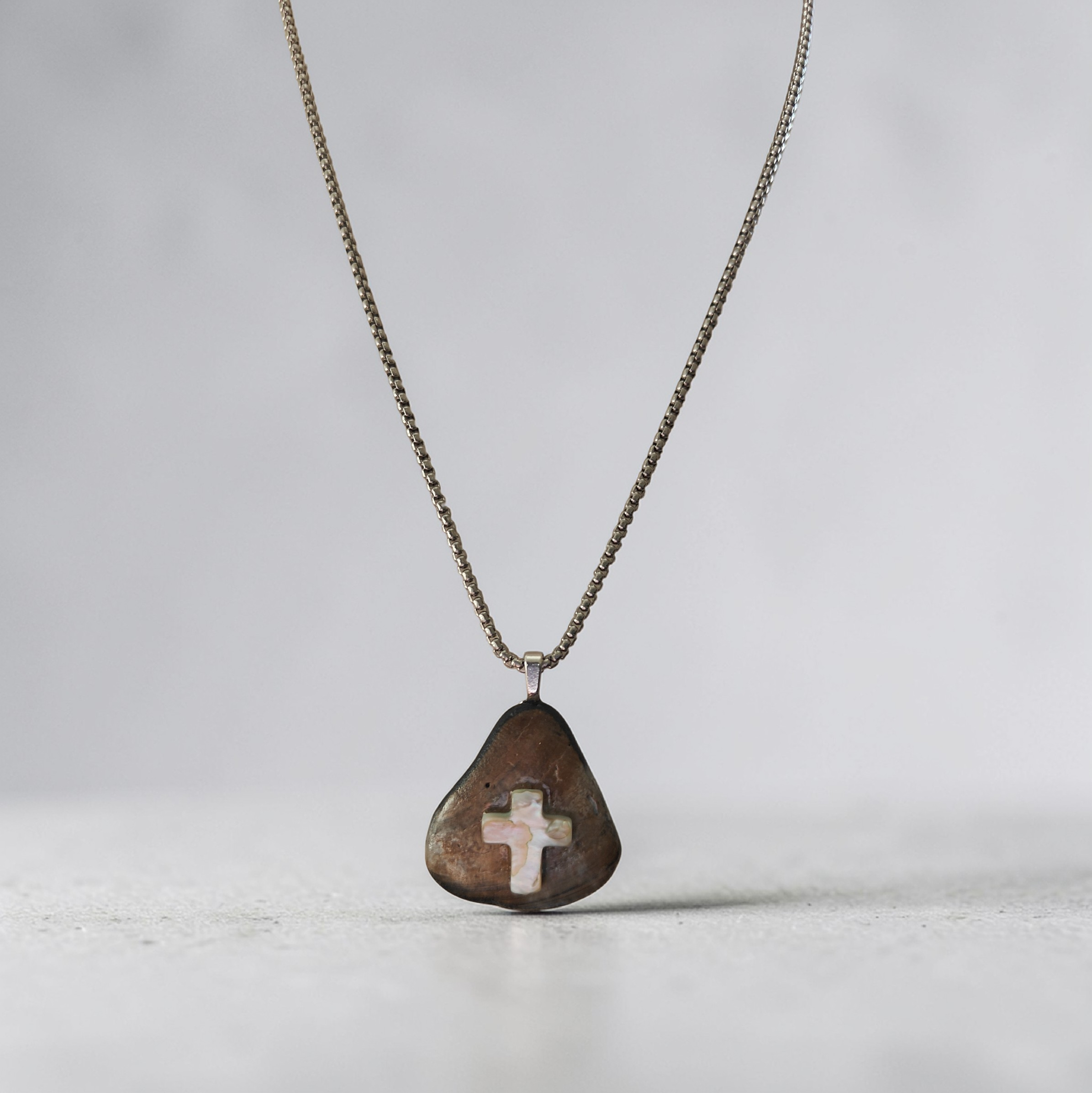 Earthy Brown Shell & Tan Stone Cross Necklace – 18" Stainless Steel