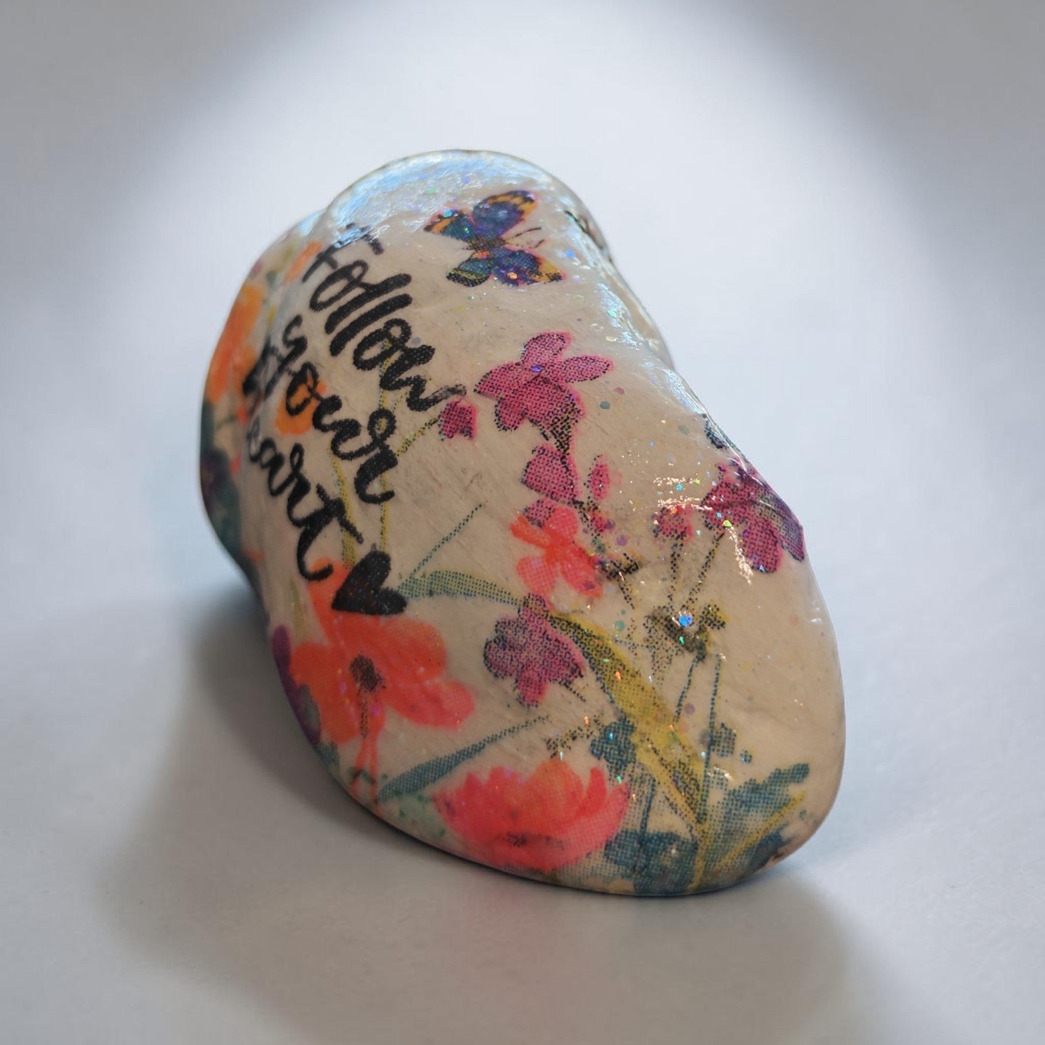 "Follow Your Heart" Stone Decor – Colorful Flowers & Butterflies Keepsake