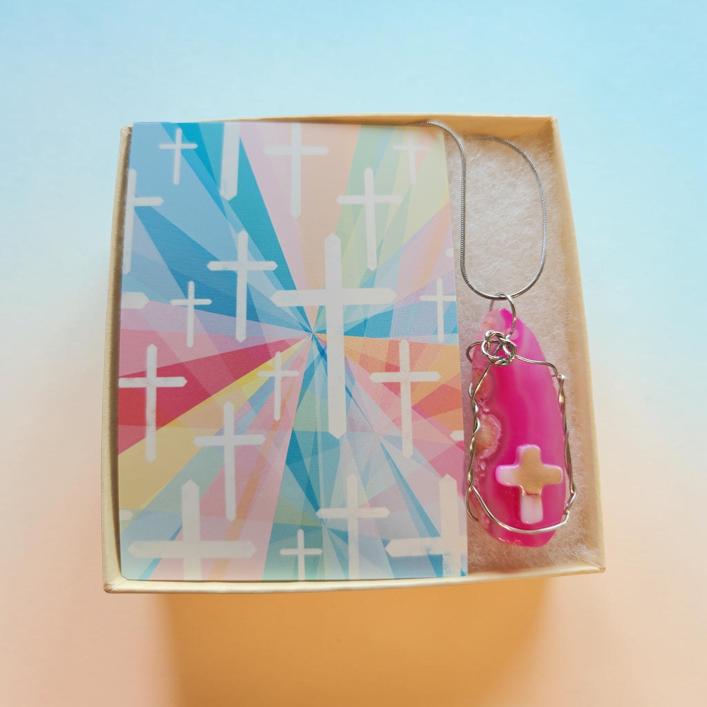 "Faith & Grace" Pink & Tan Natural Stone Cross Pendant Gift Set