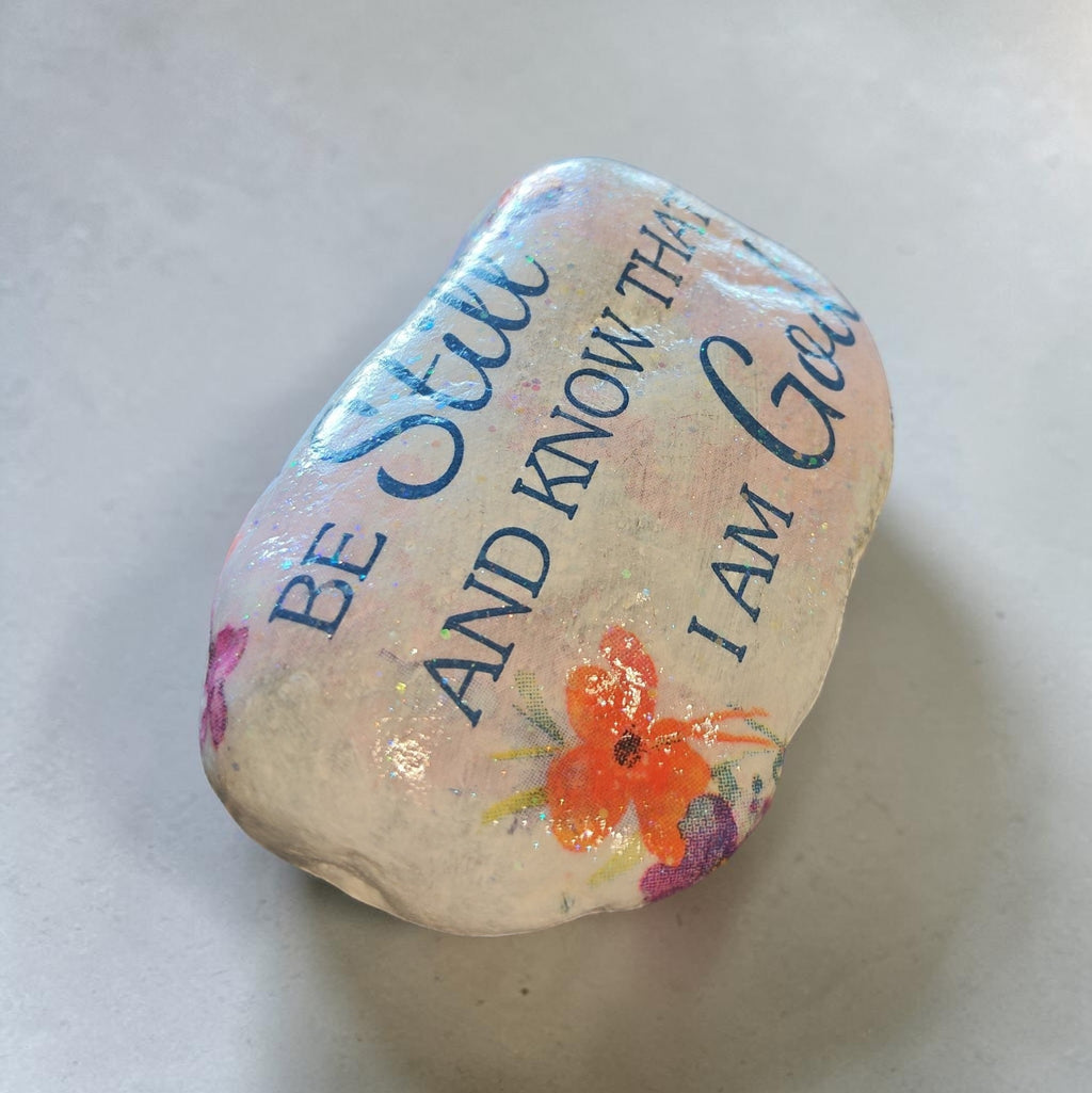 "Be Still & Know" Hand-Decoupaged Butterfly & Floral Stone