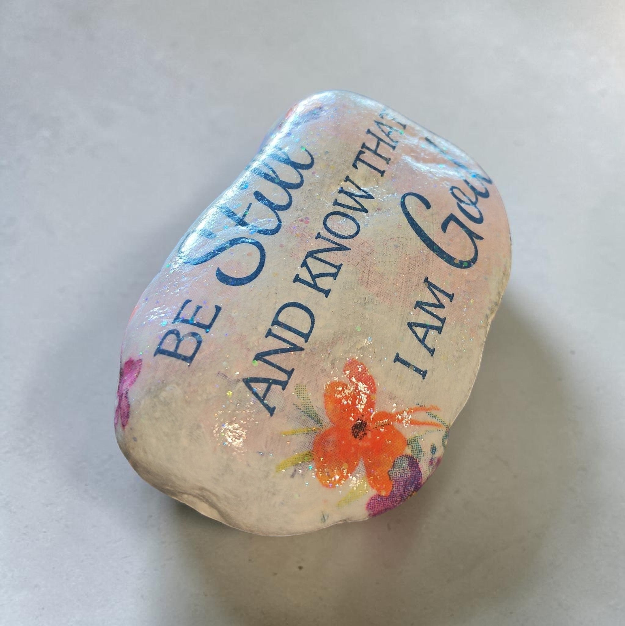 "Be Still & Know" Hand-Decoupaged Butterfly & Floral Stone