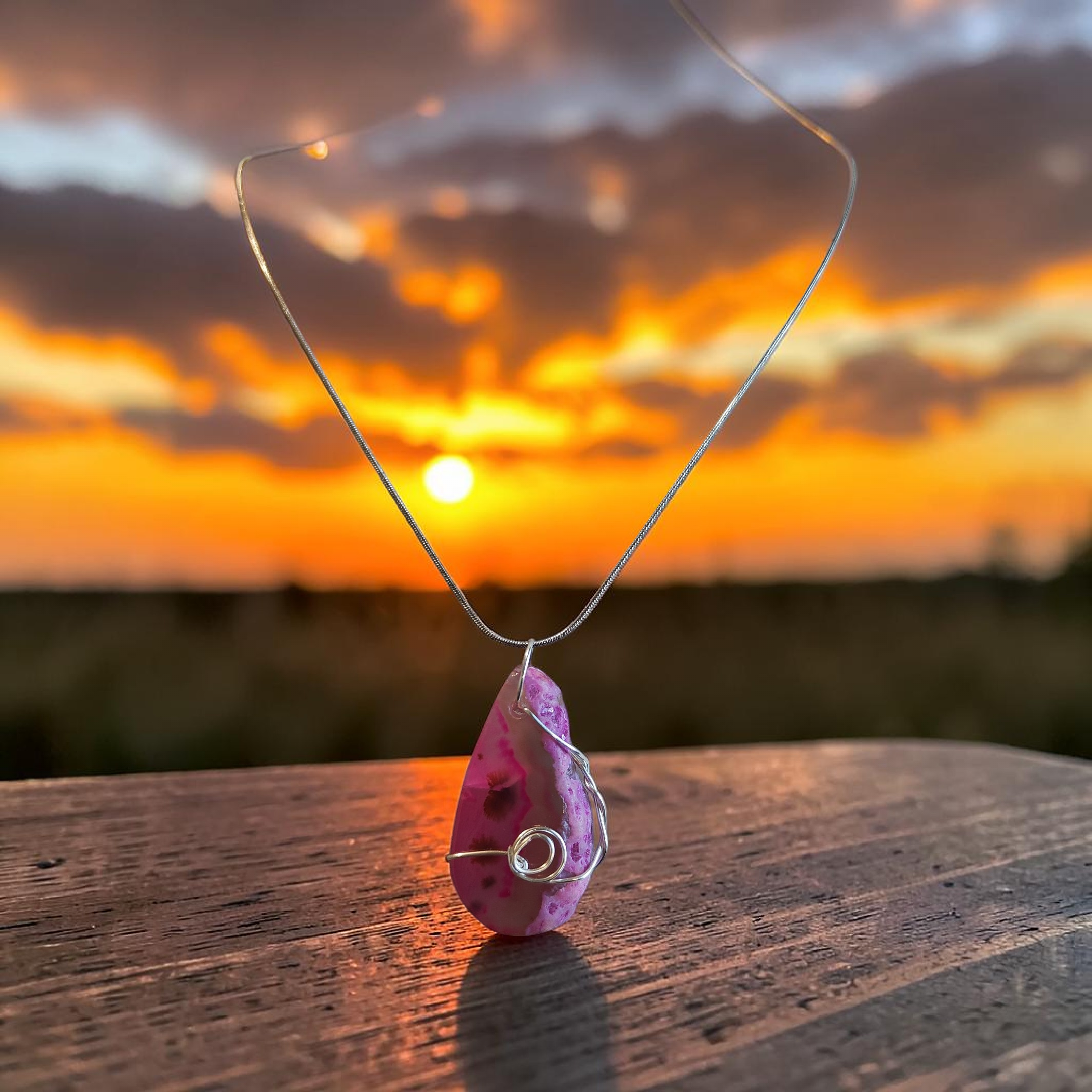 "Joyful Heart" Pink & Tan Natural Stone Necklace – Silver Wire Wrapped