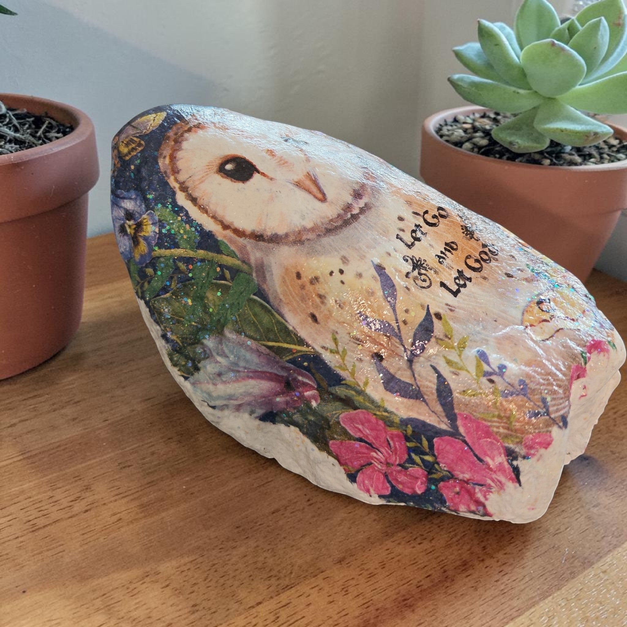 "Let Go and Let God" Colorful Owl Floral Garden Decoupage River Stone