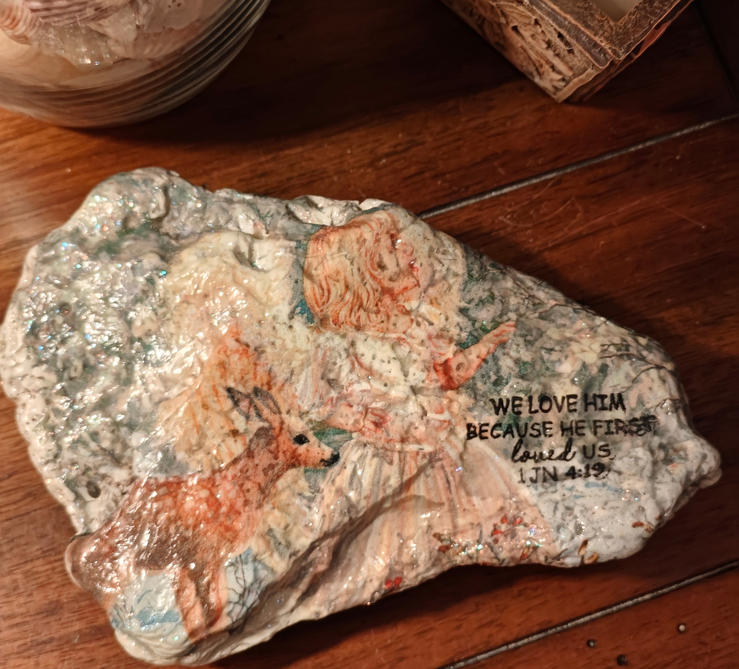 "We Love Because He Loved Us" Hand-Decorated Shell – Angel and Deer Motif – 1 John 4:19
