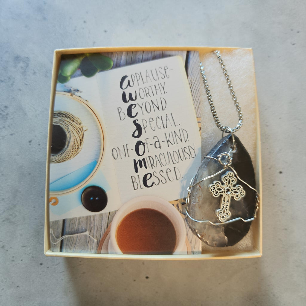 Strength Wire-Wrapped Cross Necklace – Gray & Black Natural Stone