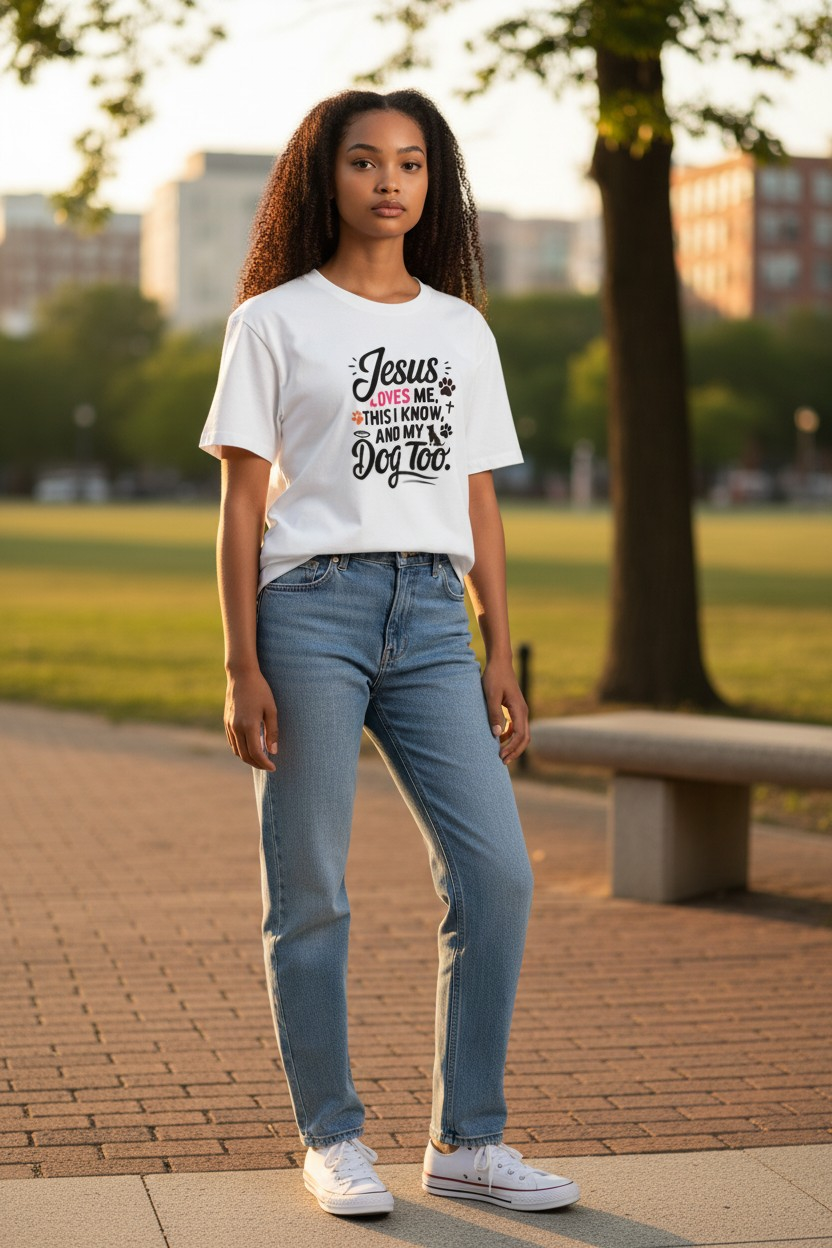 "Jesus Loves Me... and My Dog Too" Women’s White Cotton Tee – Size Large