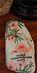 He heals the broken-hearted flamingo hand-decorated rock