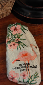 He heals the broken-hearted flamingo hand-decorated rock