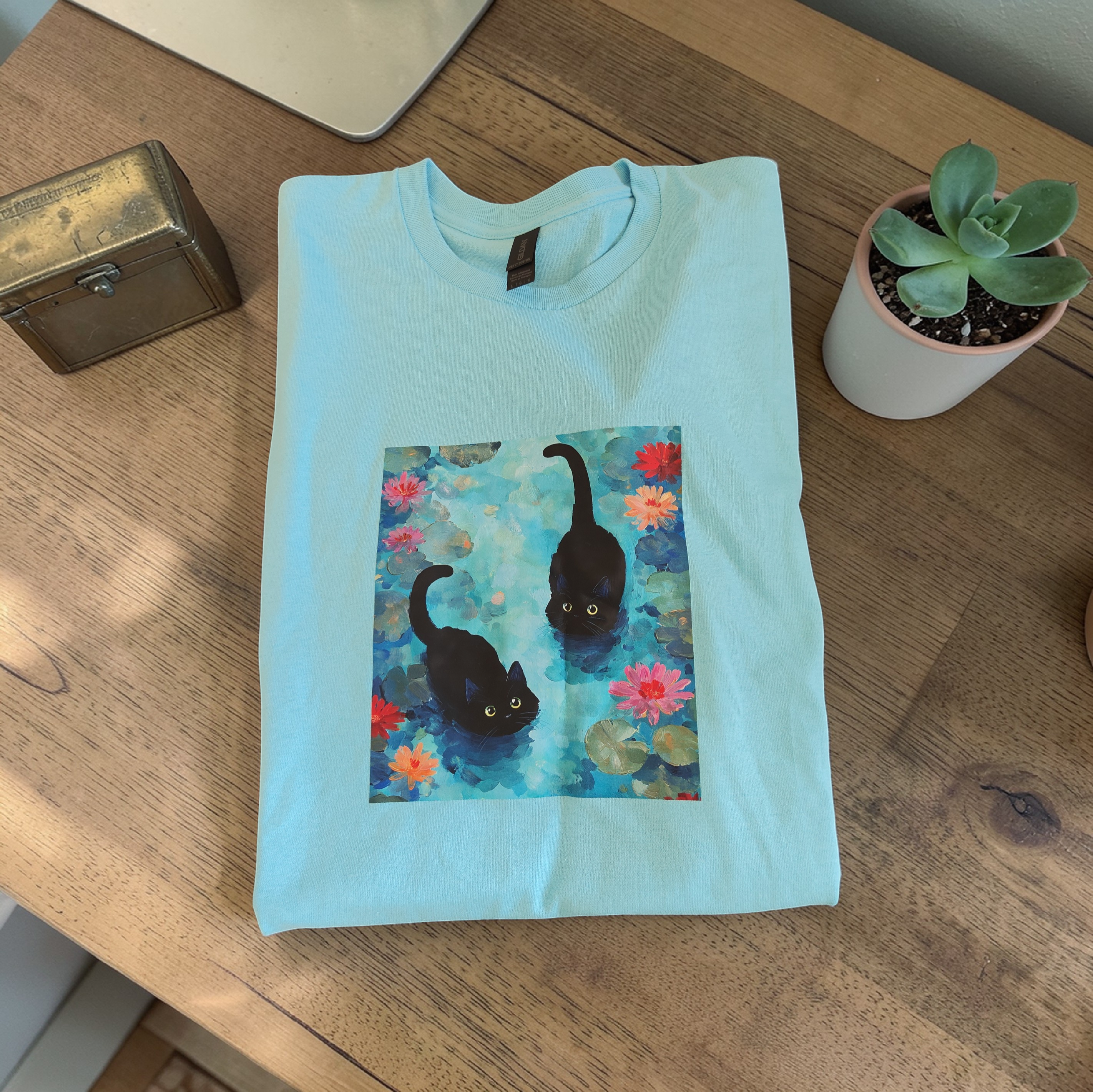 'Cats in the Lily Pond" Artistic Aqua Tee – 100% Cotton – Women's Large