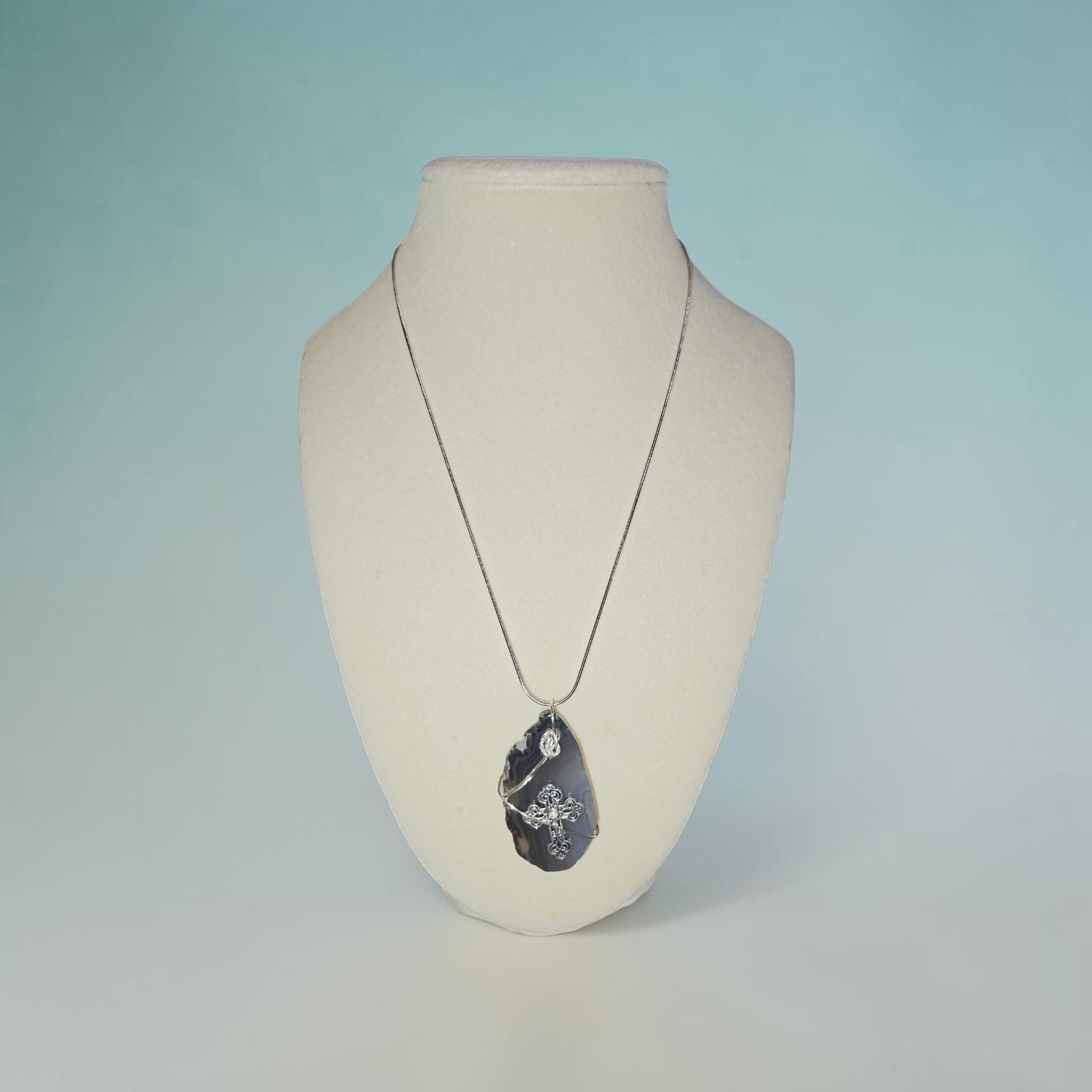 "Firm Foundation" Swirled Gray Stone & Silver Cross Necklace