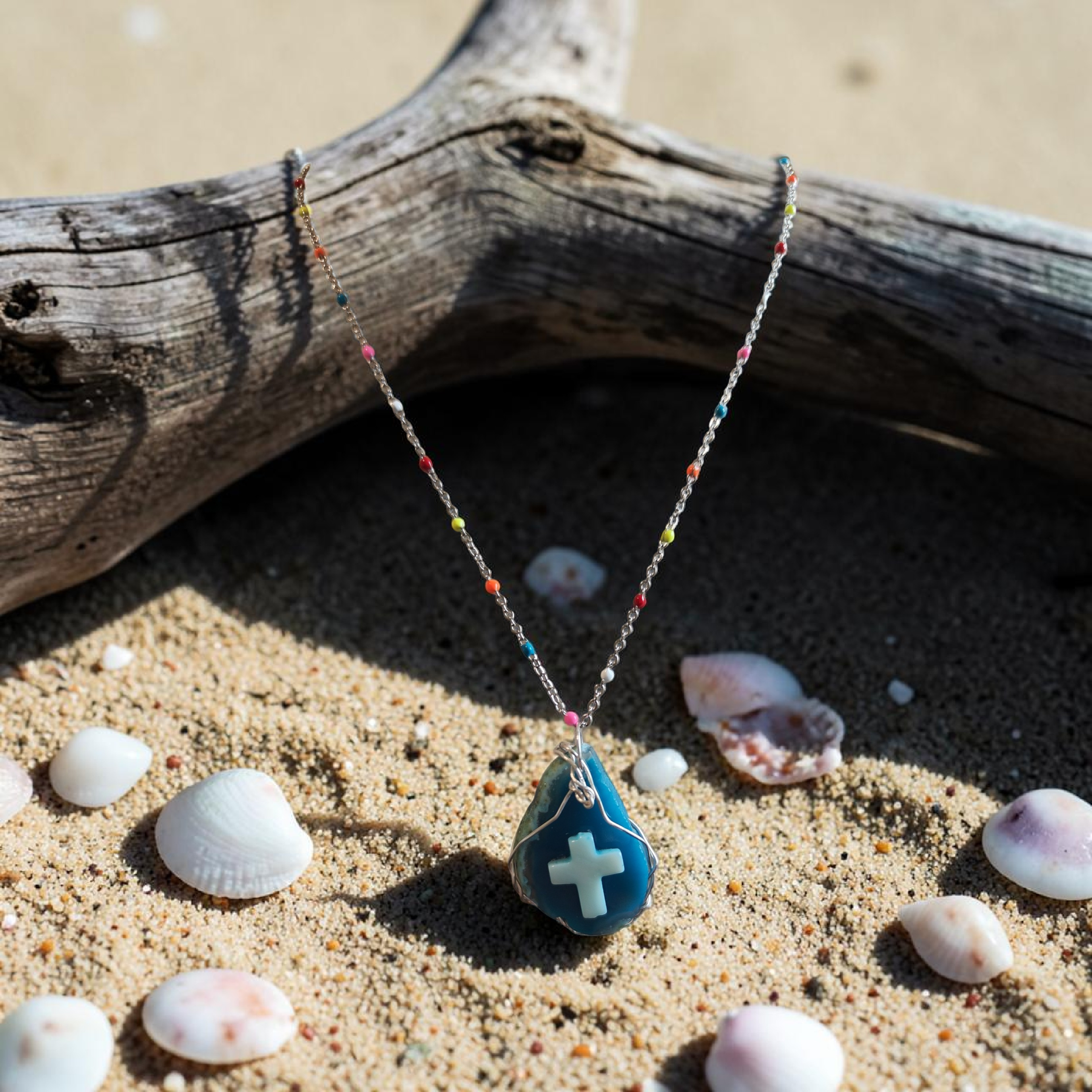"Streams of Joy" Turquoise Pendant & Multi-Color Beaded Chain