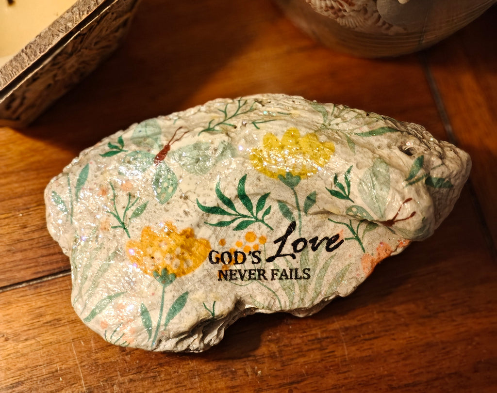 God’s Love Never Fails" Hand-Decorated Shell – Butterflies & Blooms