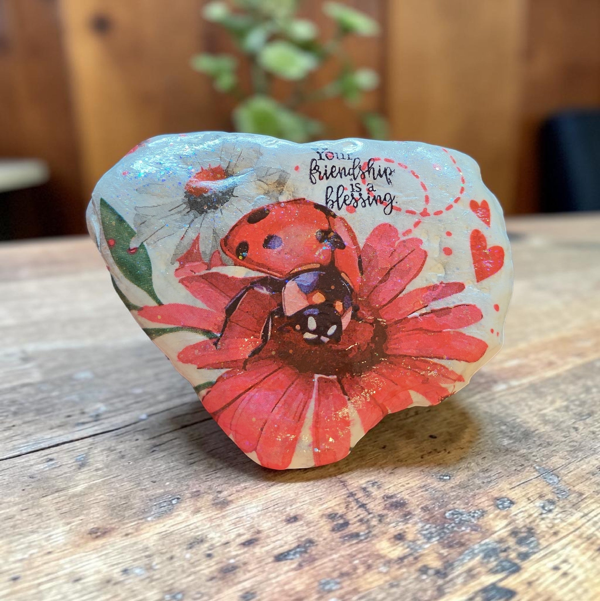 "Your Friendship is a Blessing" Ladybug and Flower Medium River Stone