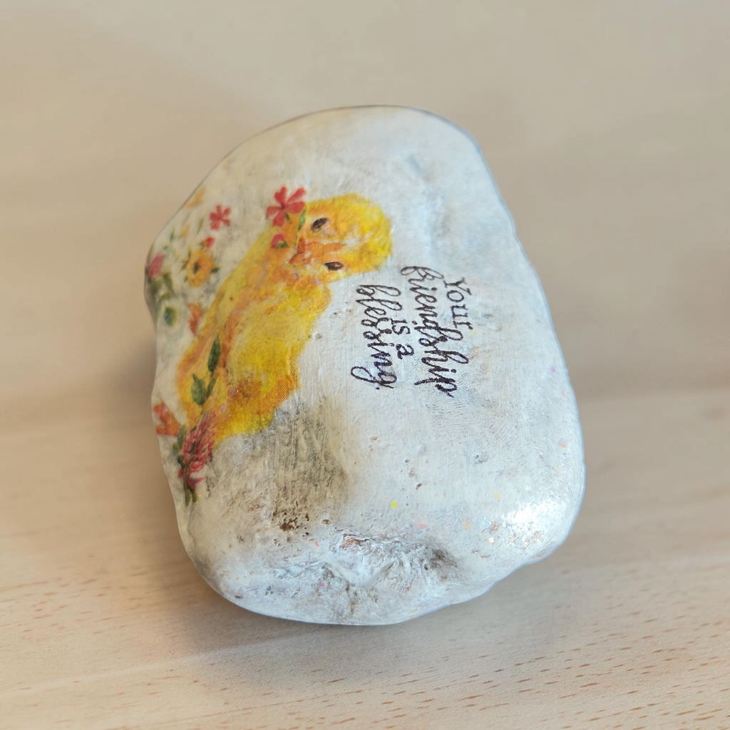 "Friendship is a Blessing" Yellow Chick & Floral Stone – Hand-Decorated Natural Keepsake