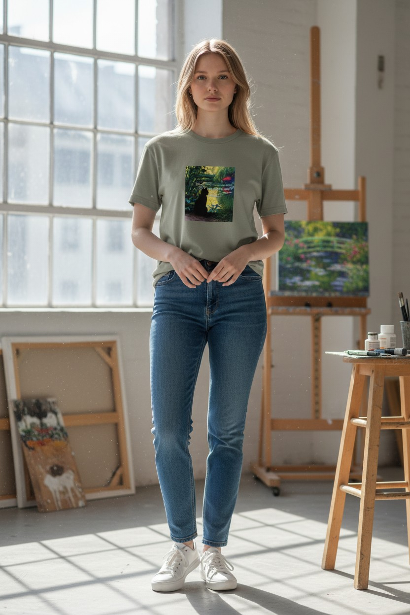 "Cat by the Lily Pond" Women’s Light Green Tee – 100% Cotton – Size Large