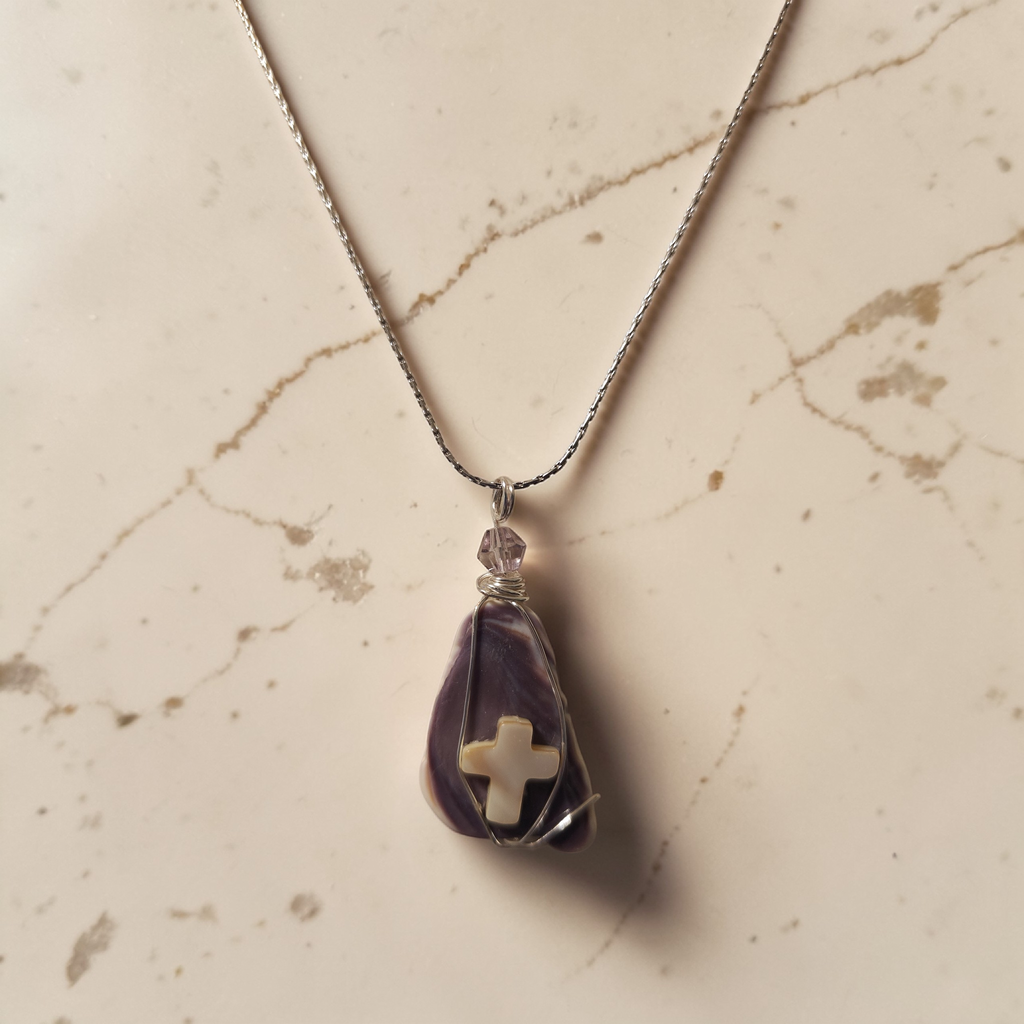Earth & Sea Stone Cross Pendant – Purple Shell & Cream Stone