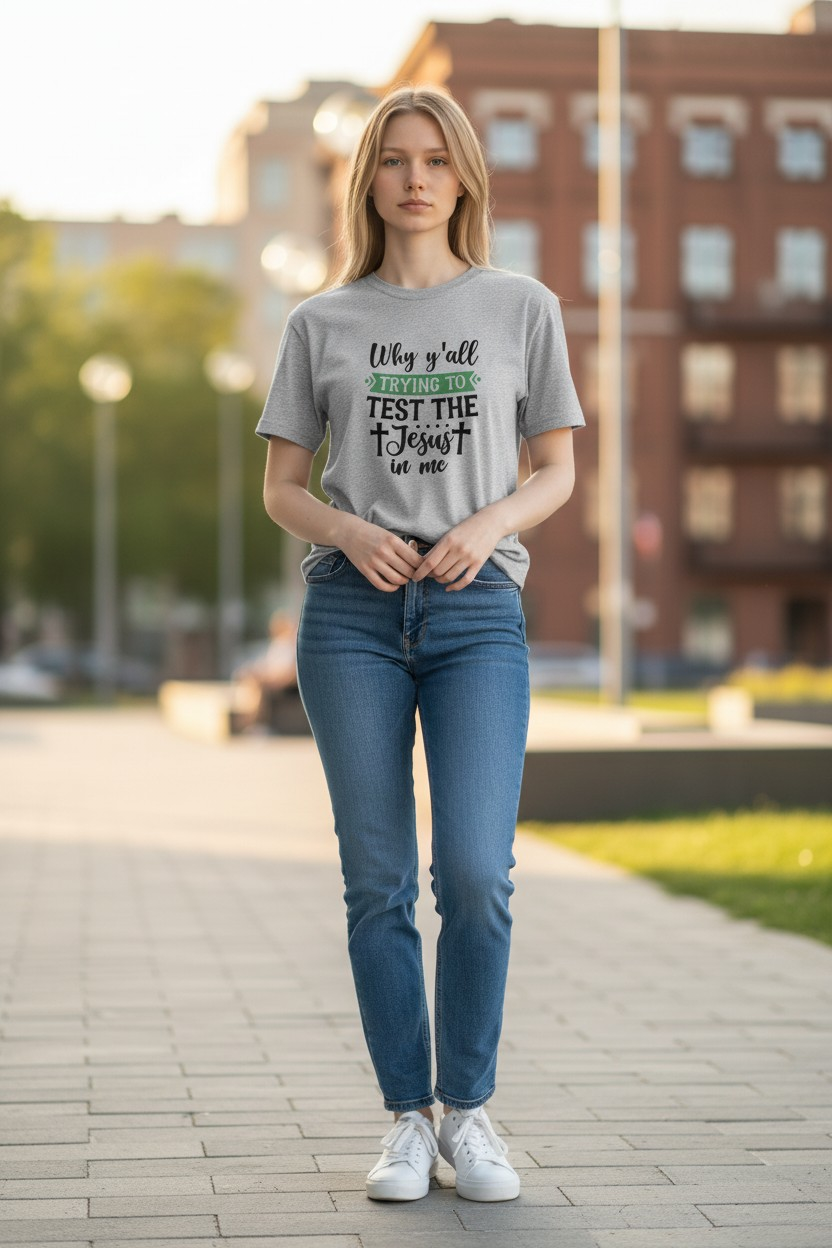 "Why Y'all Trying to Test the Jesus in Me" Women’s Light Gray Tee – 100% Cotton – Large