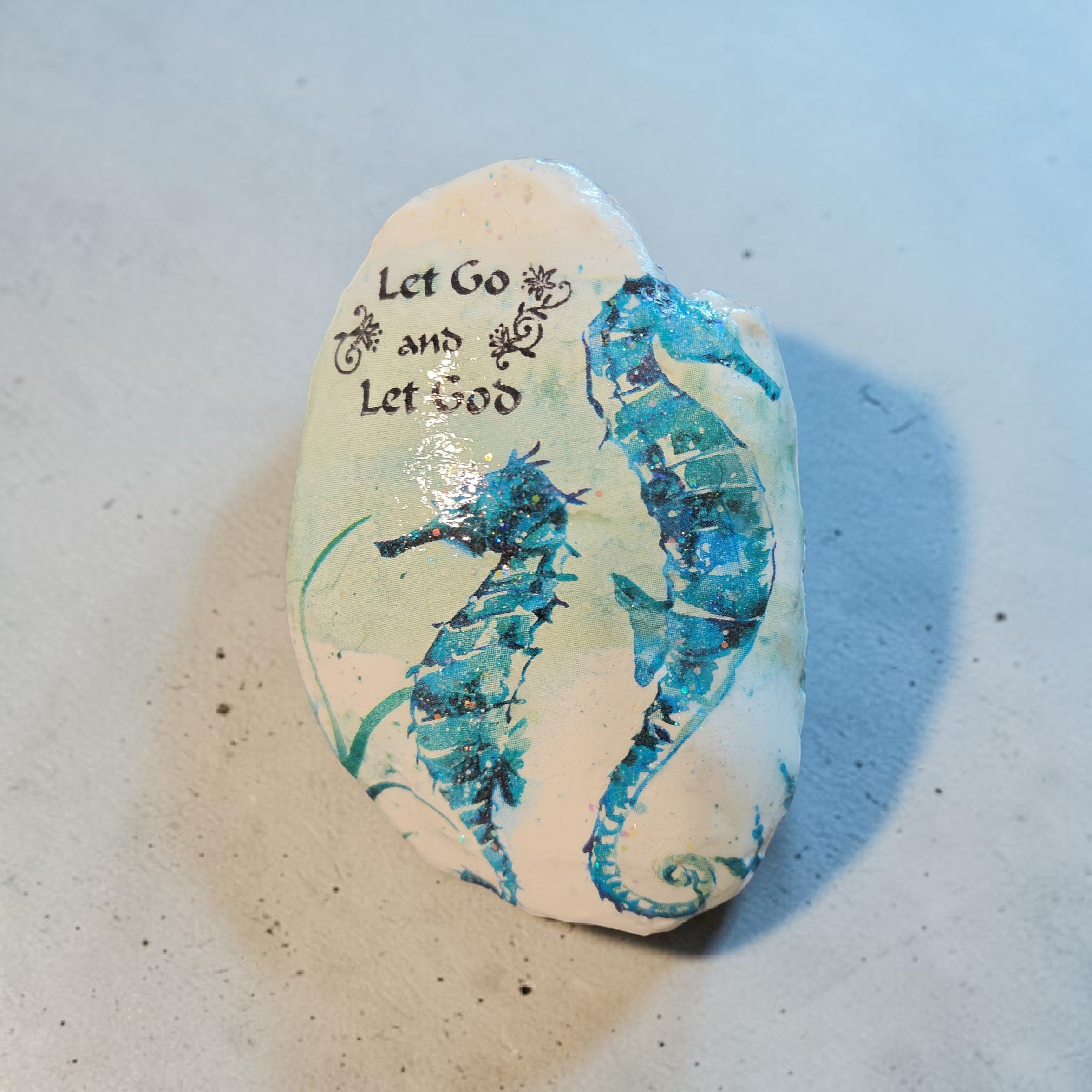 Blue Seahorse "Let Go and Let God" Natural Shell | Coastal Devotional Decor