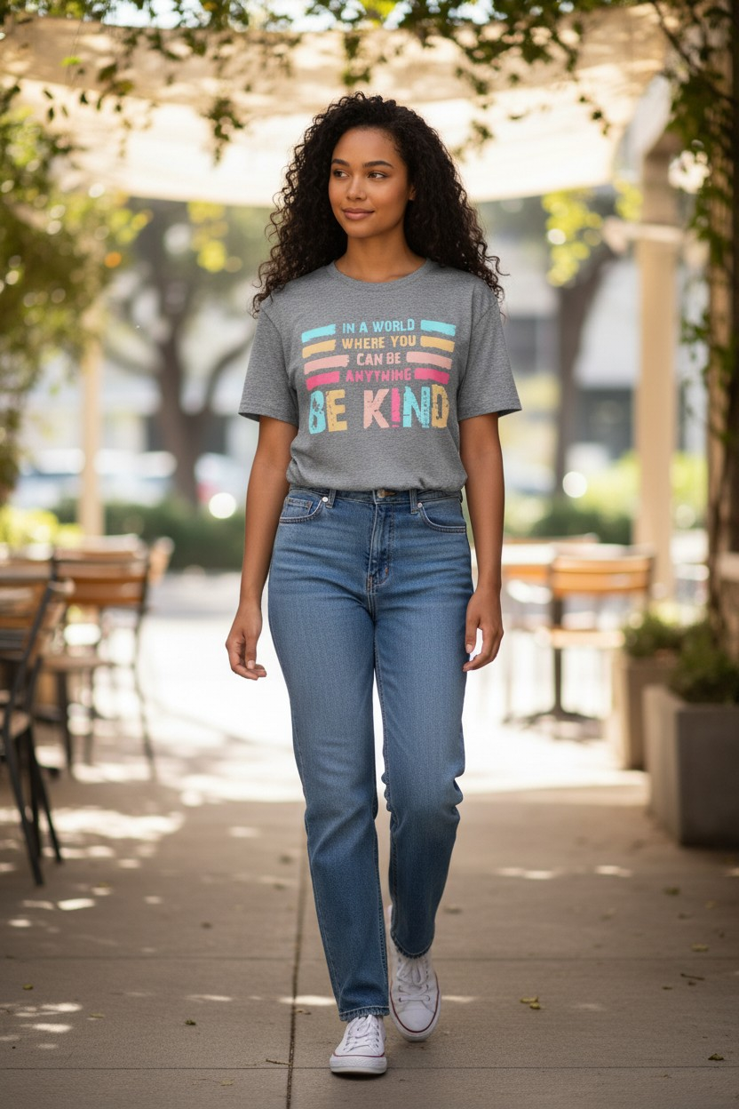 In A World Where You Can Be Anything, Be Kind" Women’s Light Gray Tee – Size Large