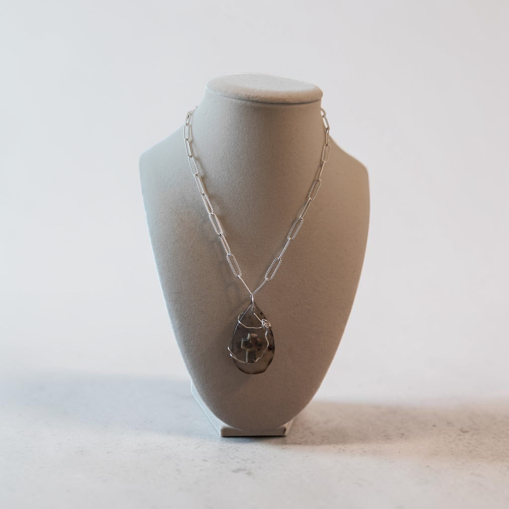 16" Stainless Steel Gray & Clear Natural Stone Necklace with Gray Stone Cross Pendant, Prayer Card & Gift Box