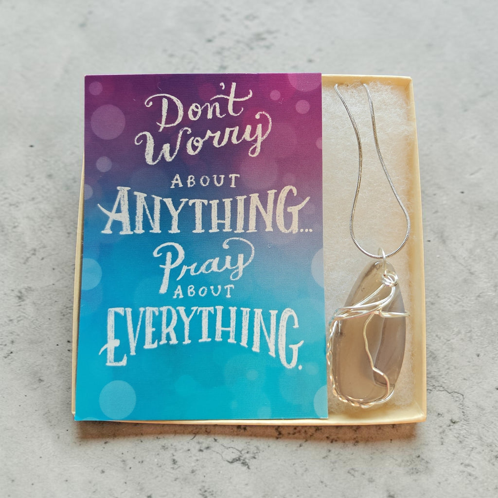 "Faith Over Worry" Natural Stone Wire Wrapped Necklace with Prayer Card (18")