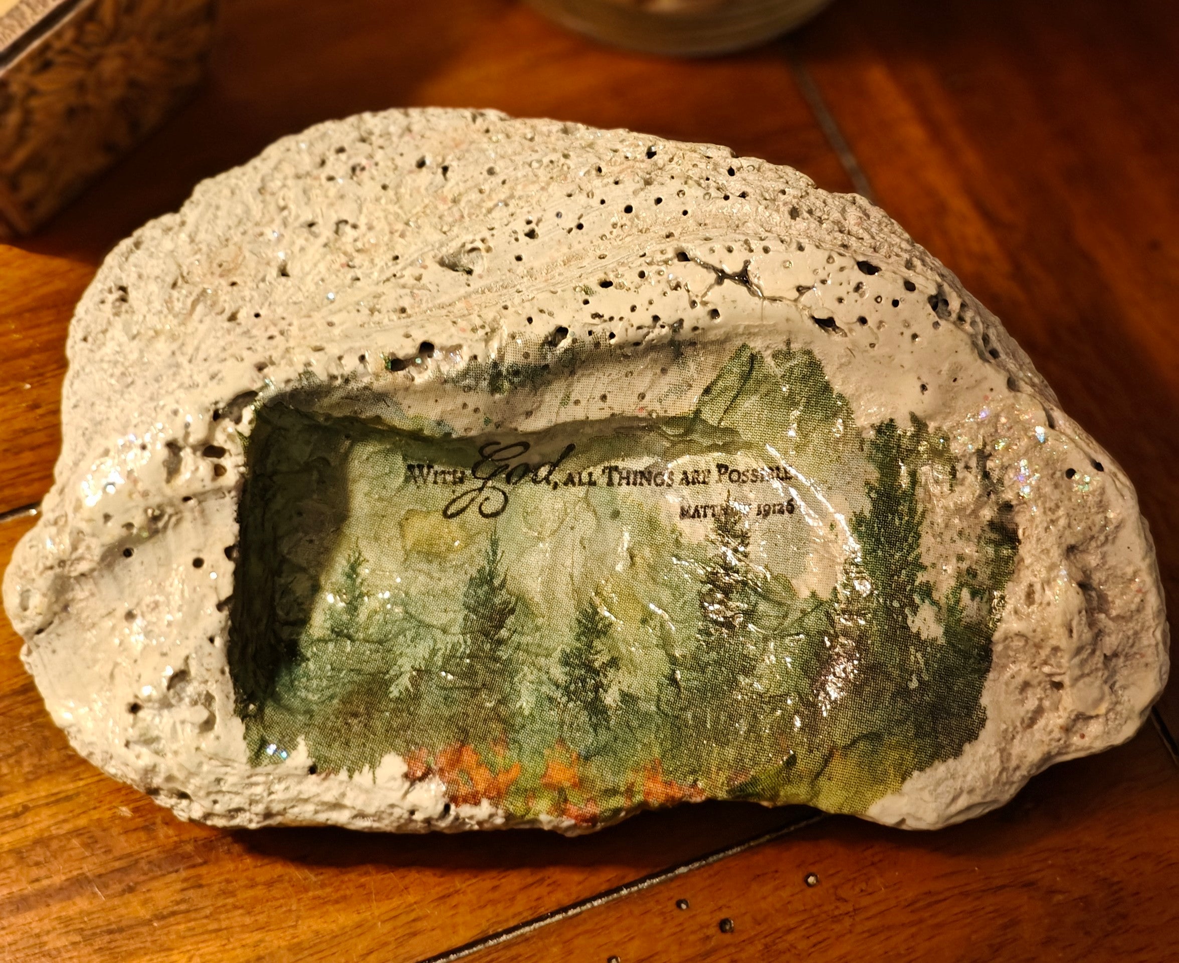 Large "All Things Are Possible" Shell – Hand-Decorated Mountain Forest Scene – Matthew 19:26 Natural Art