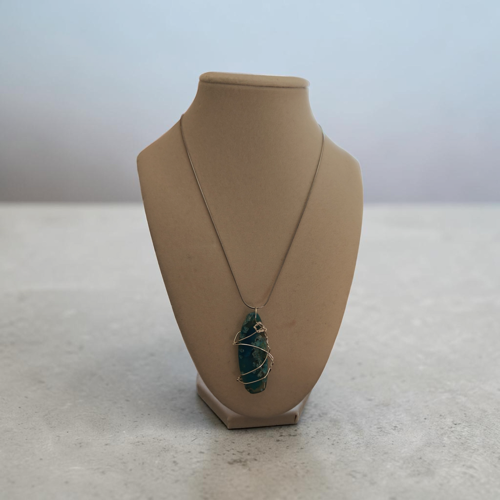 "Living Waters" Hand-Wrapped Turquoise & Crystal Stone – Stainless