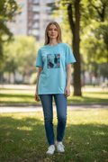 'Cats in the Lily Pond" Artistic Aqua Tee – 100% Cotton – Women's Large