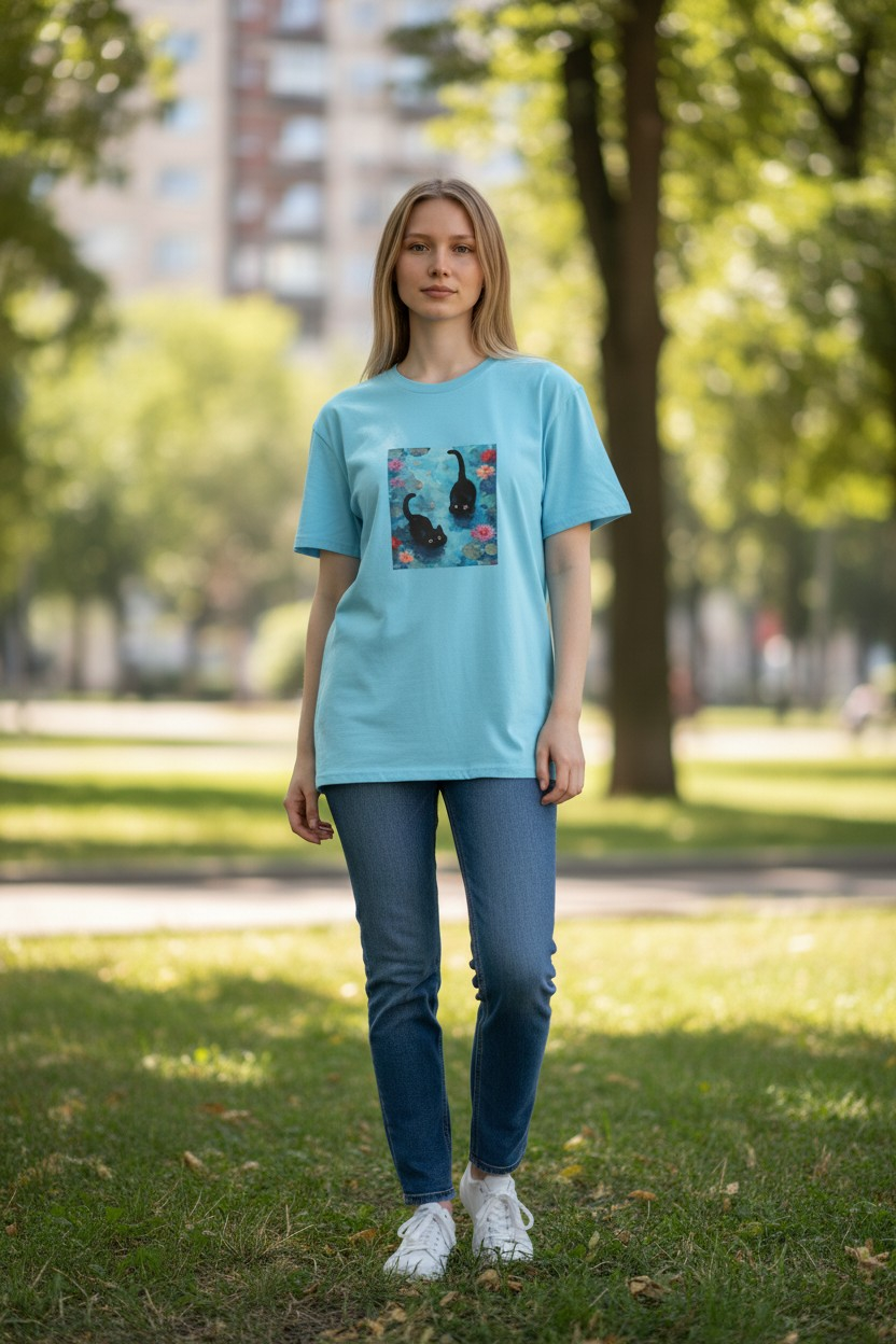 'Cats in the Lily Pond" Artistic Aqua Tee – 100% Cotton – Women's Large