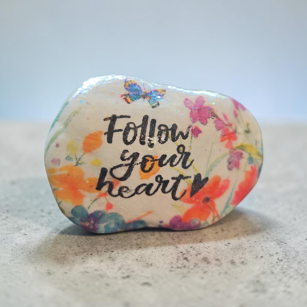 "Follow Your Heart" Stone Decor – Colorful Flowers & Butterflies Keepsake