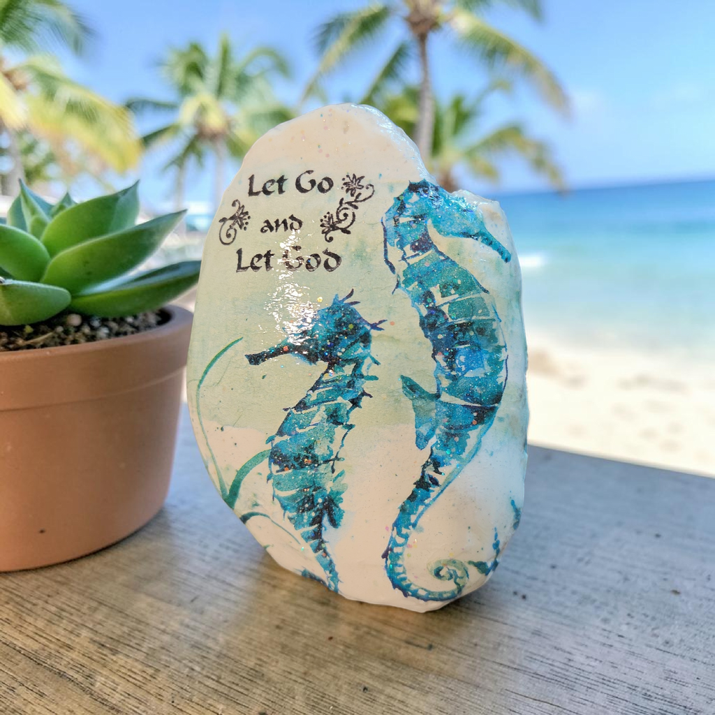 Blue Seahorse "Let Go and Let God" Natural Shell | Coastal Devotional Decor