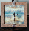 “Light brown framed picture featuring Jesus walking on the water, in soft pastels.