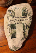 "We Love Because He Loved Us" Hand-Decorated Shell – Green Leafy Cross – 1 John 4:19 Scripture Art