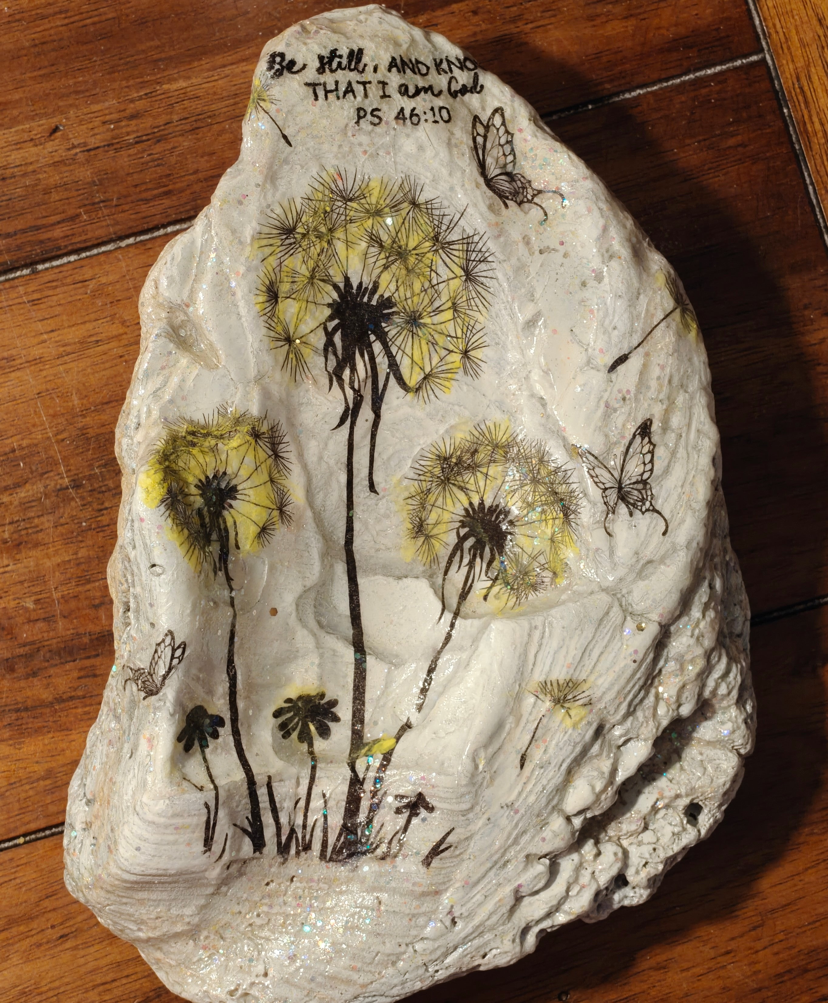 Be Still" Hand-Decorated Decorative Shell – Dandelion & Butterfly Scripture Art
