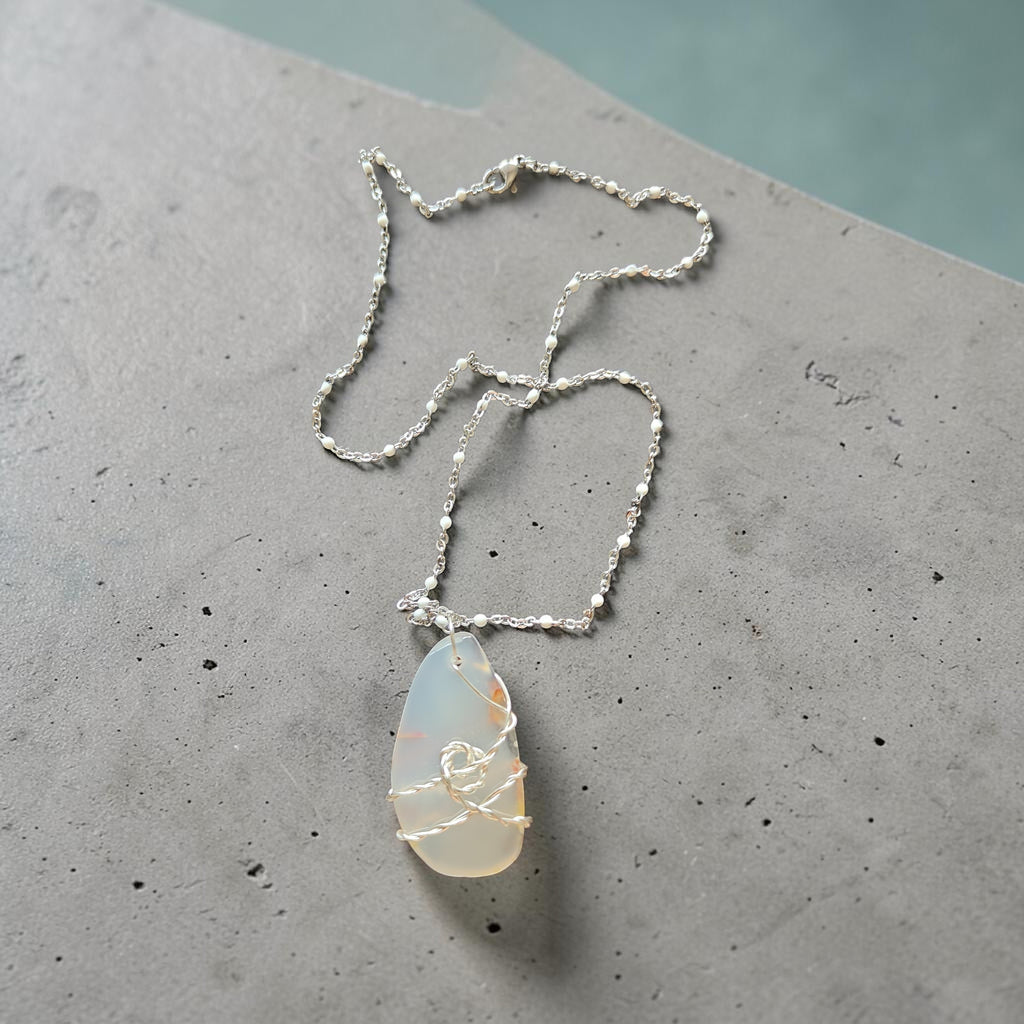 "Divine Clarity" Natural Stone Necklace – 18" Stainless Steele White Beaded Chain