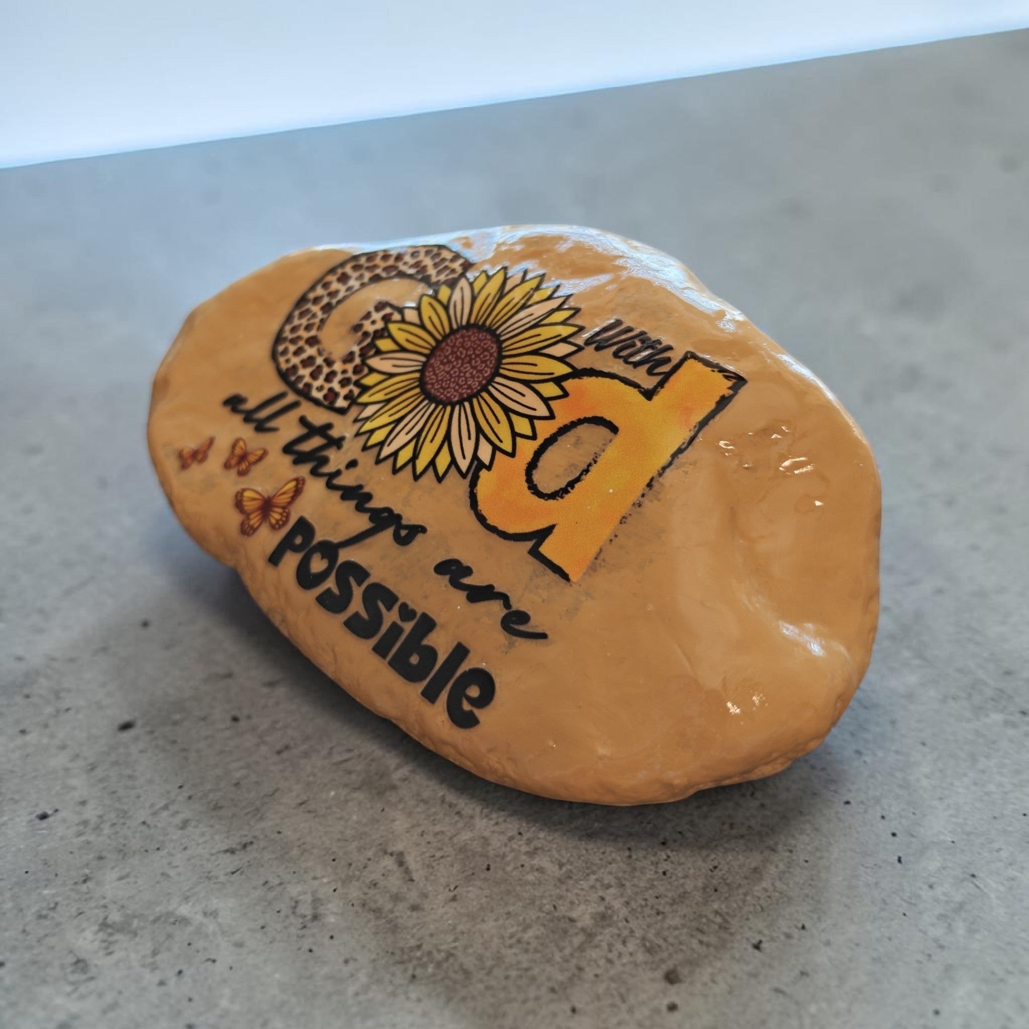 "With God All Things Are Possible" – Hand-Painted Medium Mustard Stone