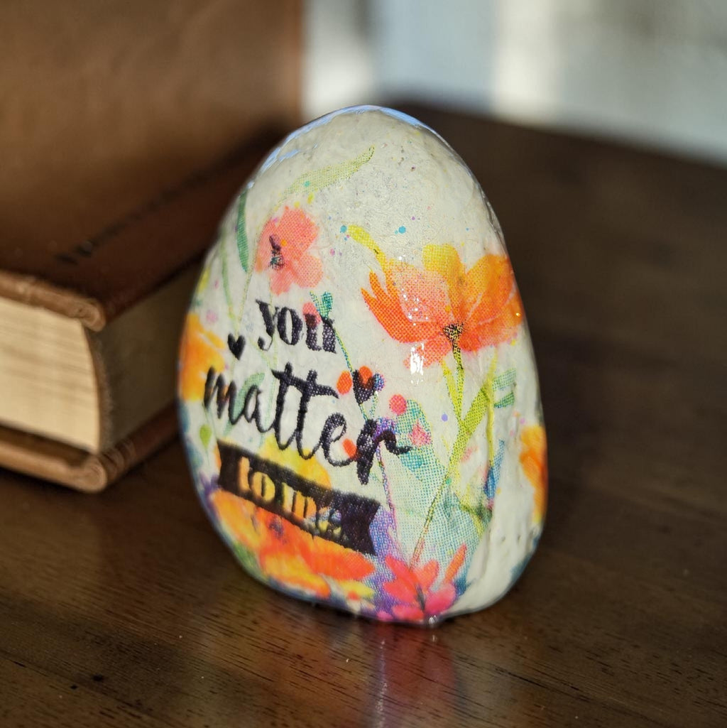 "You Matter to Me" Hand-Decoupaged Natural River Stone – Wildflower & Butterfly Encouragement Gift