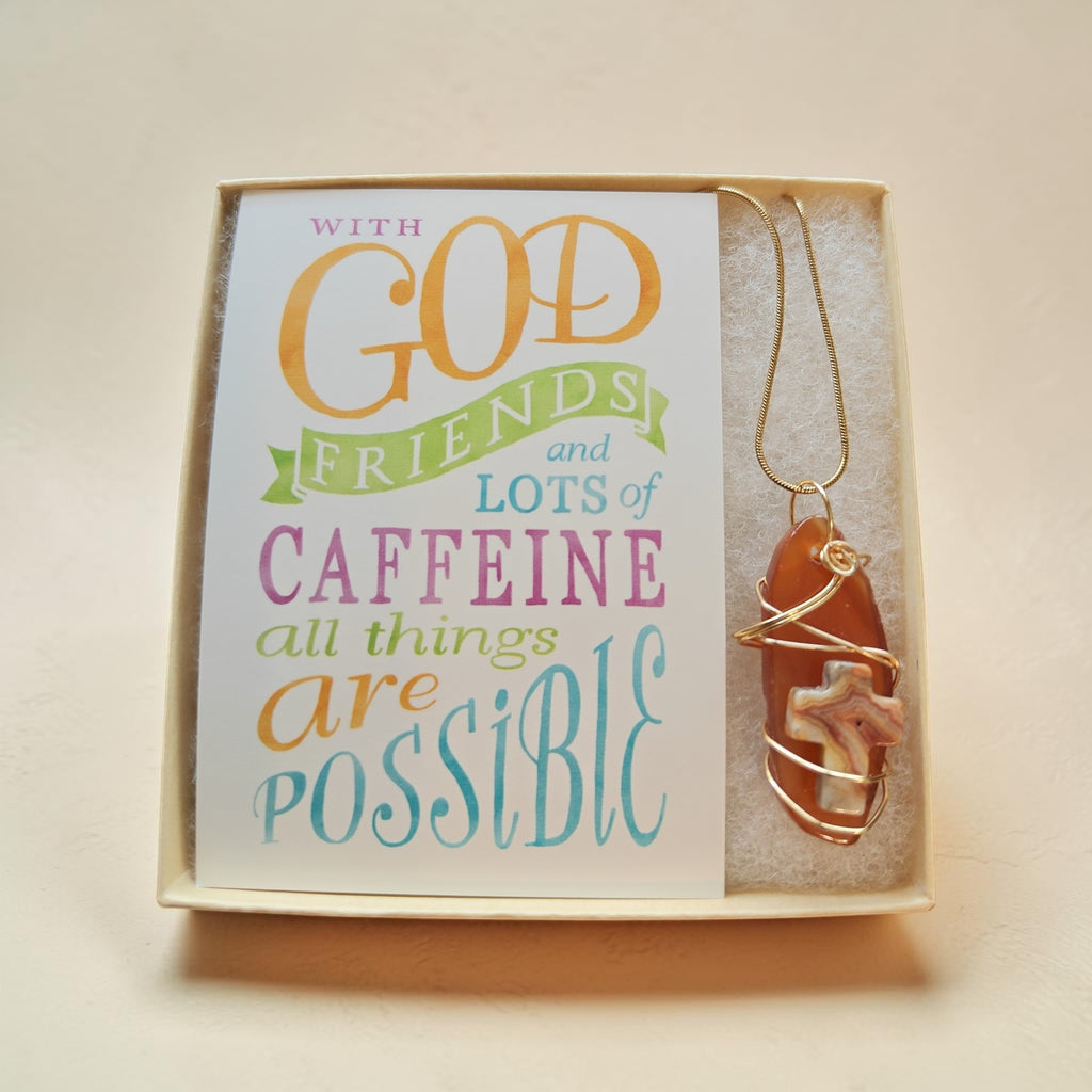 Honey-Infused Cross & Natural Stone Wire-Wrapped Necklace