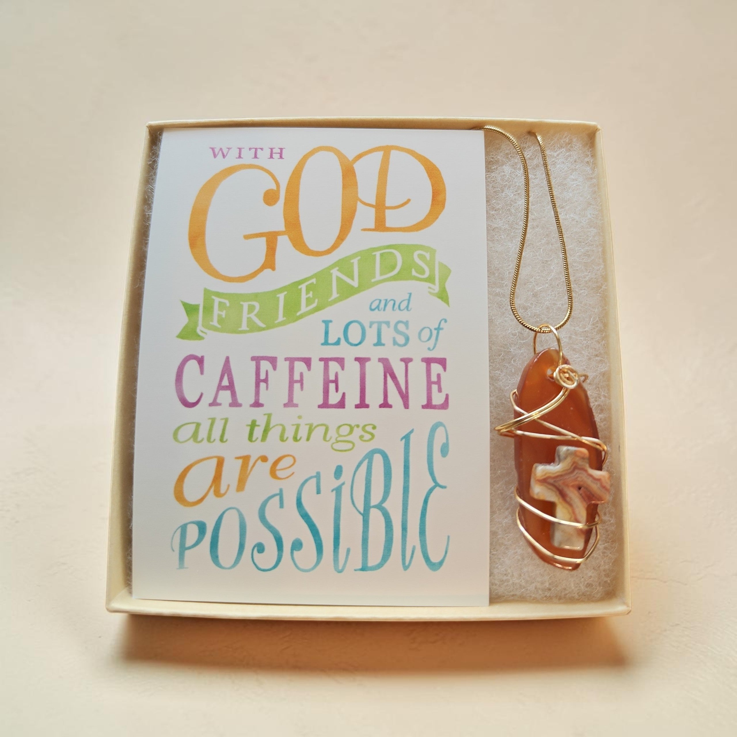 Honey-Infused Cross & Natural Stone Wire-Wrapped Necklace