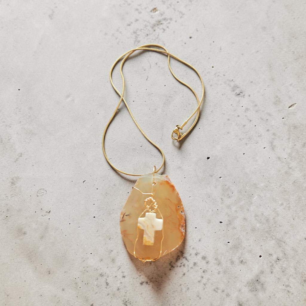 Handcrafted Cream & Gold Natural Stone Wire-Wrapped Cross Necklace Gift Set