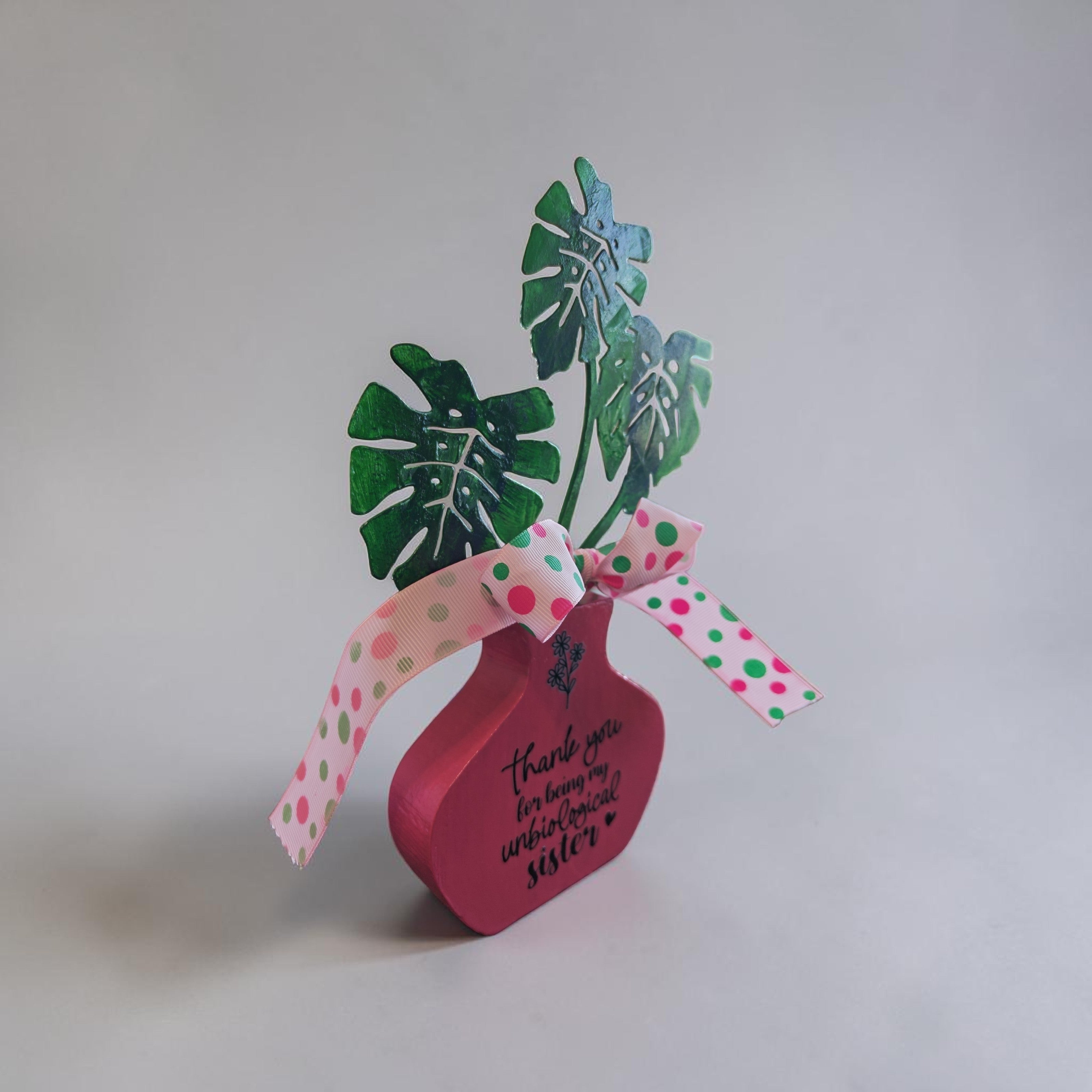 "Thank You For Being My Unbiological Sister" Faux Plant Decor – Hot Pink Wooden Pot with Polka Dot Ribbon