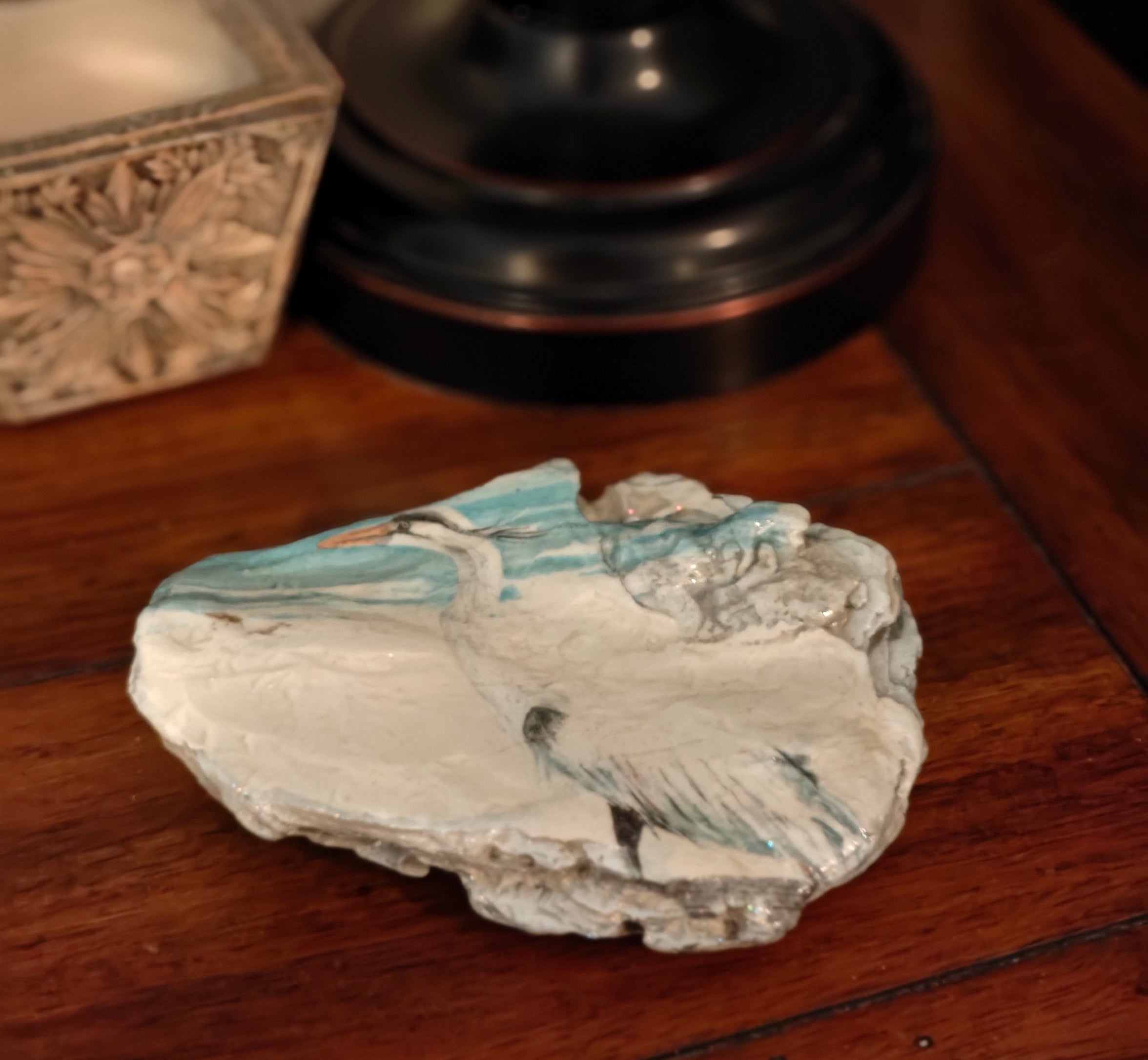 "First Loved" Hand-Decoupage Blue Heron Beach Shell – Medium Keepsake