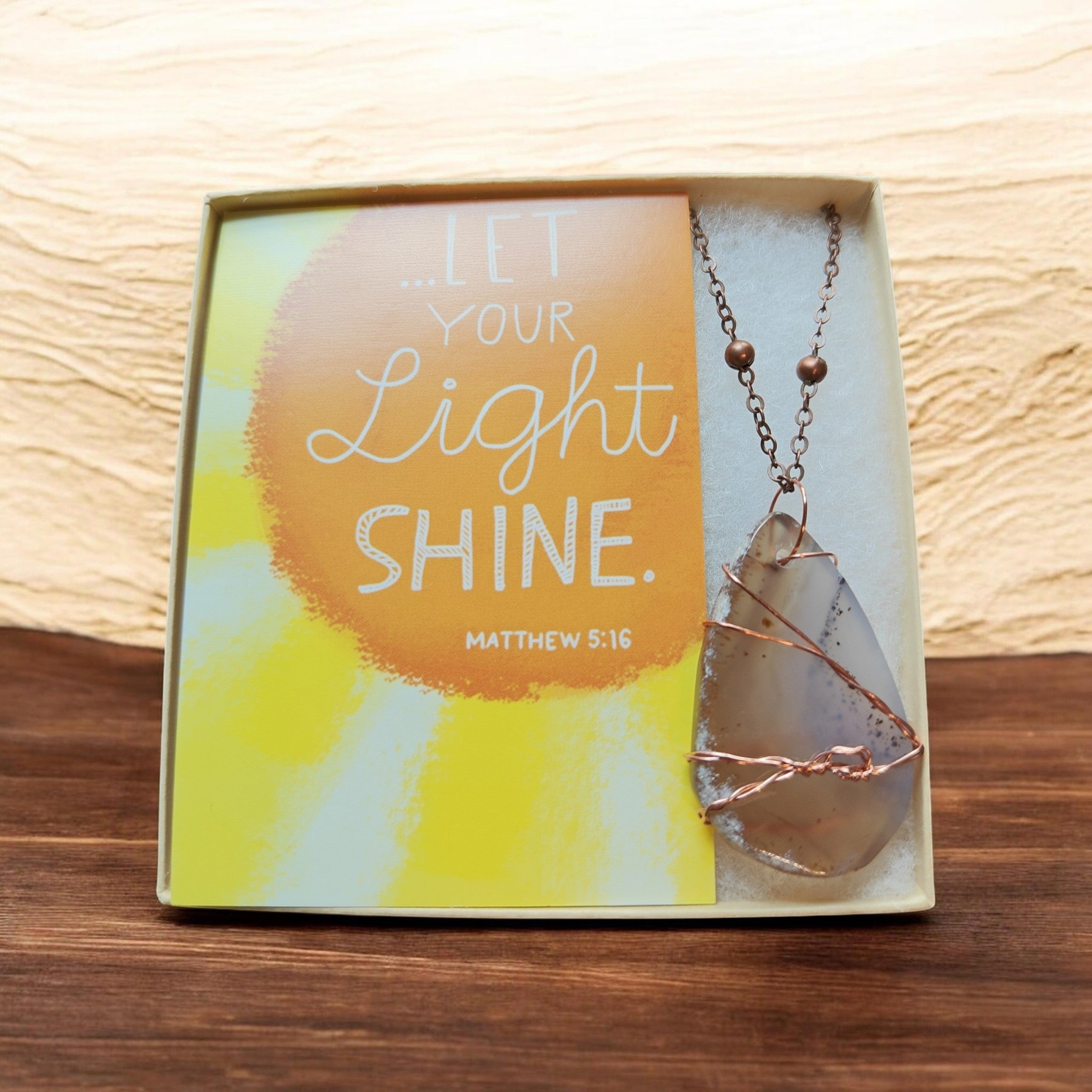 Let Your Light Shine" Natural Stone Necklace – 18" Copper Beaded Chain & Prayer Card Gift Set
